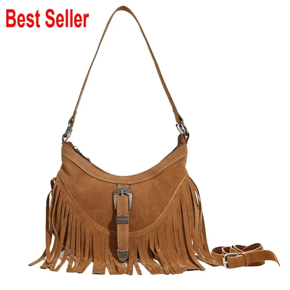 Faux Suede Mini Hobo Crossbody Bag with Fringe & Tassel